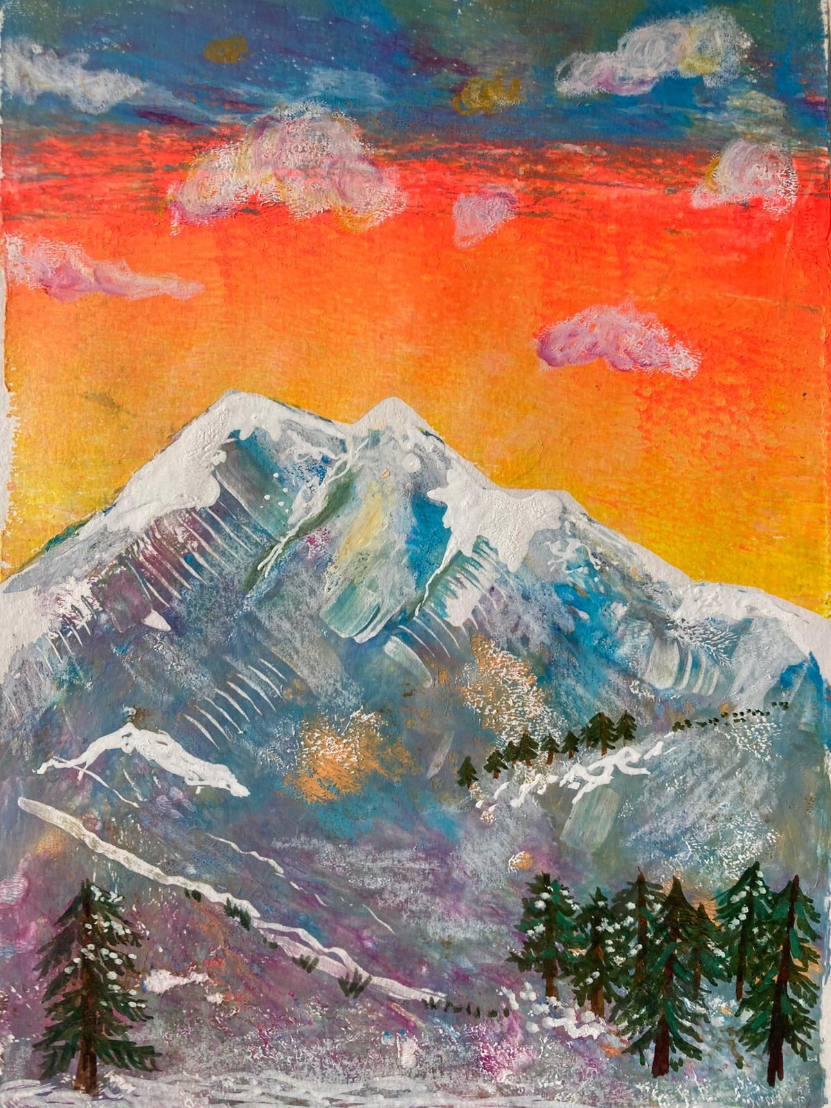 Abstract artwork with a mountain landscape and vibrant colors