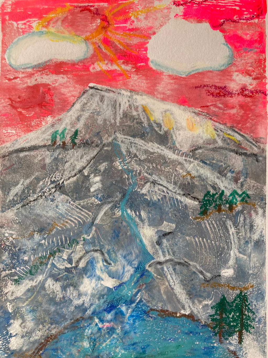 Pink sky, mountain and lake.