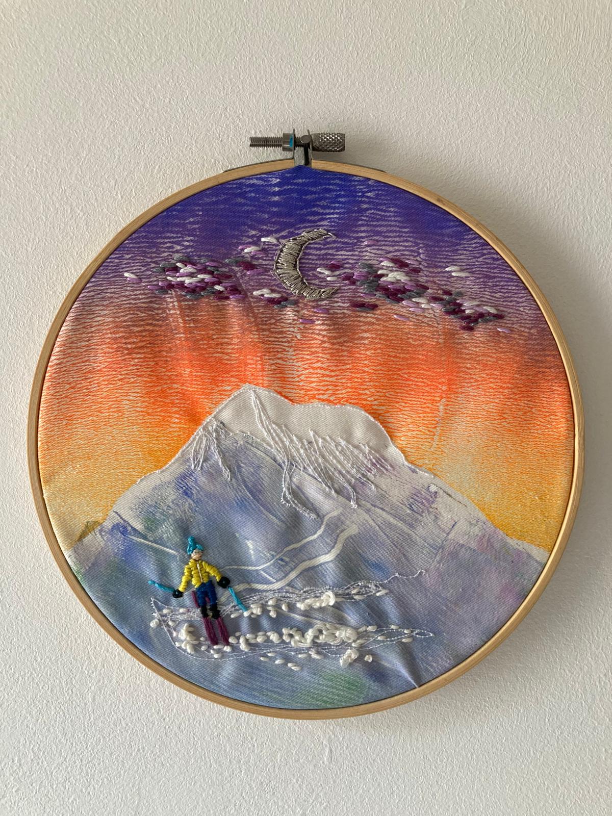 Embroidered Skier Mountain and Moon.