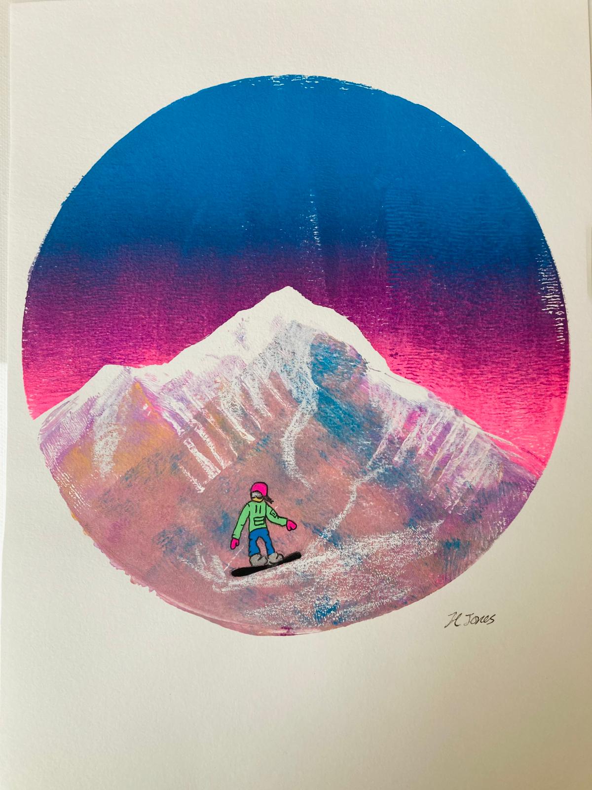 Green coat snowboarder with pink and blue sky (circular)