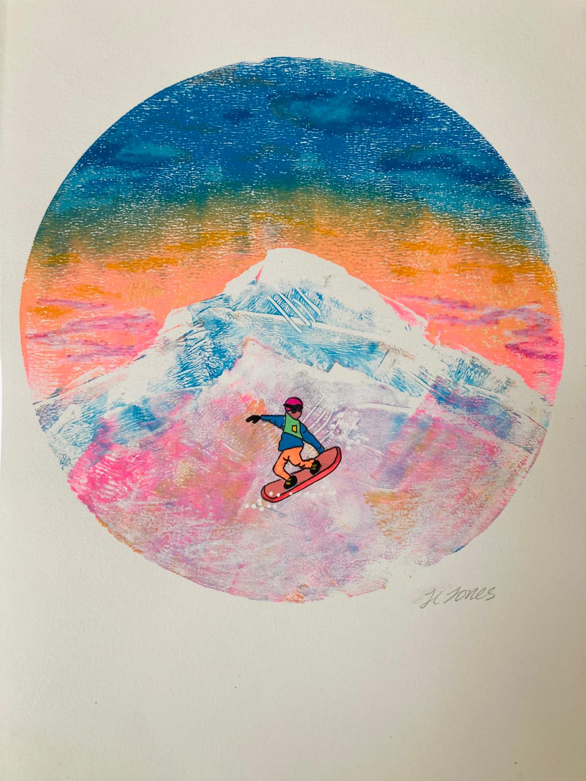 Orange and blue snowboarder with pink snowboad (circular)